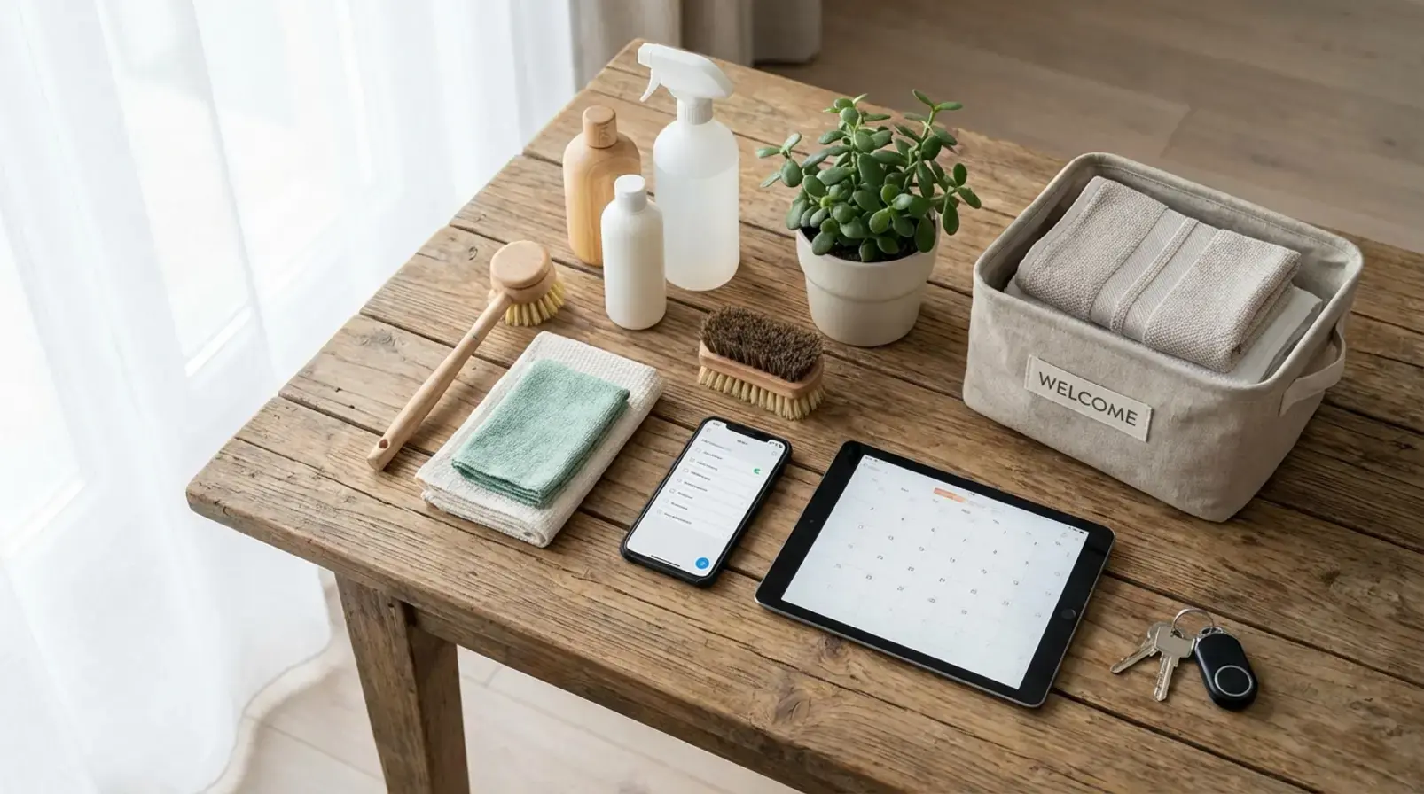 Application de ménage Airbnb sur smartphone posée à côté d’un trousseau de clés et de produits de nettoyage