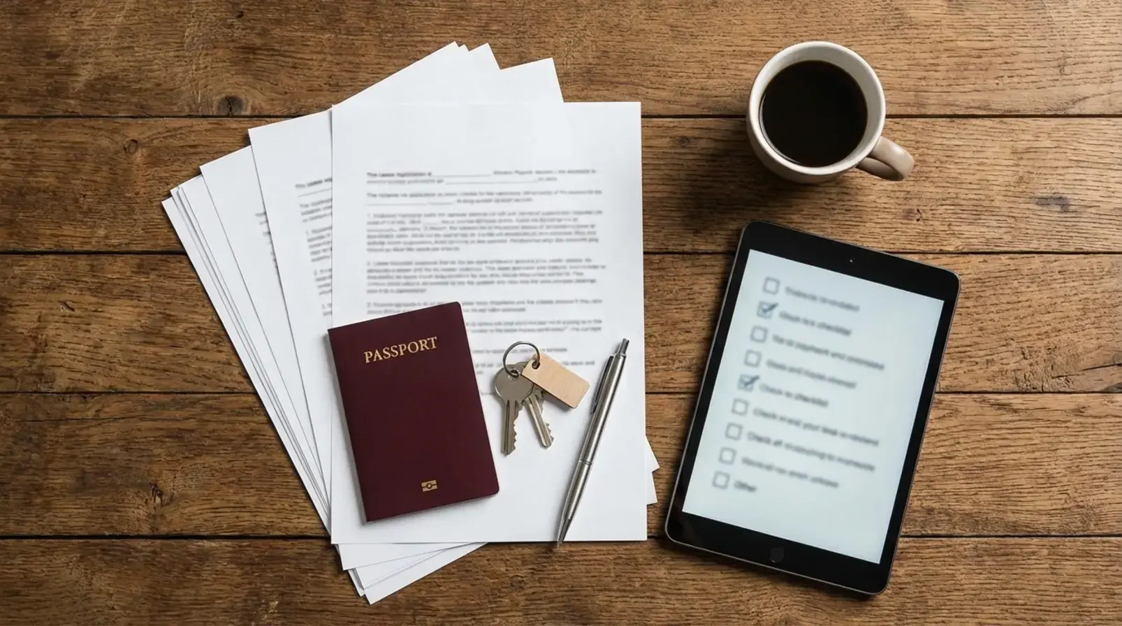 Pièces justificatives pour bail mobilité triées par catégorie sur un bureau : identité, situation, mobilité