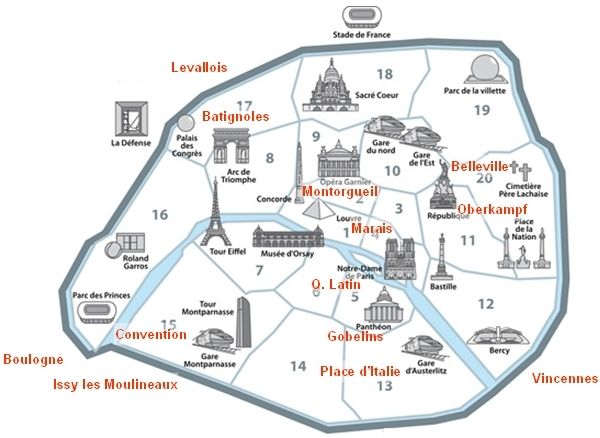 SCarte des arrondissements de Paris pour la sous-location, avec des icônes pour les zones touristiques, étudiantes et branchées.