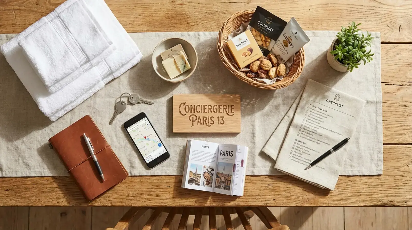 Trousseau de clés, linge blanc et checklist opérationnelle pour gestion Airbnb à Paris 13