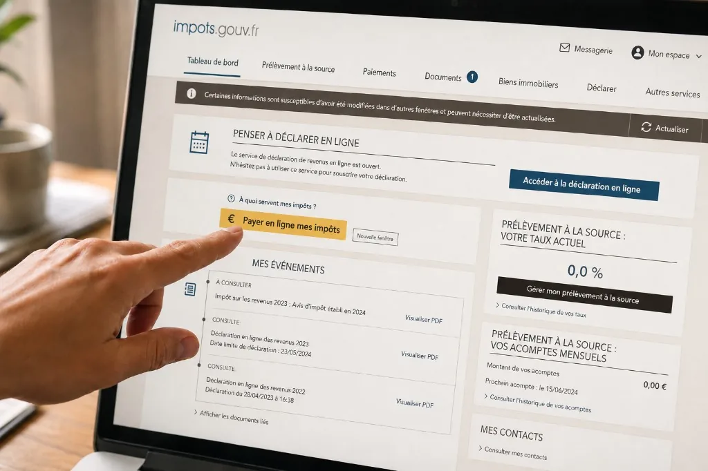 Espace personnel impots.gouv.fr avec le bouton Payer en ligne mes impôts