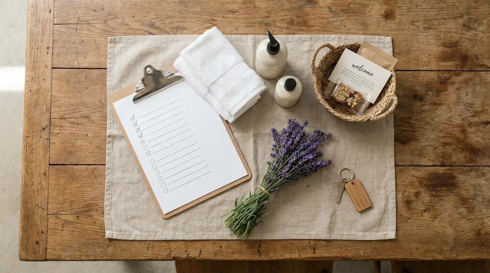 Kit de matériel pour ménage Airbnb avec microfibres, gants et vaporisateur