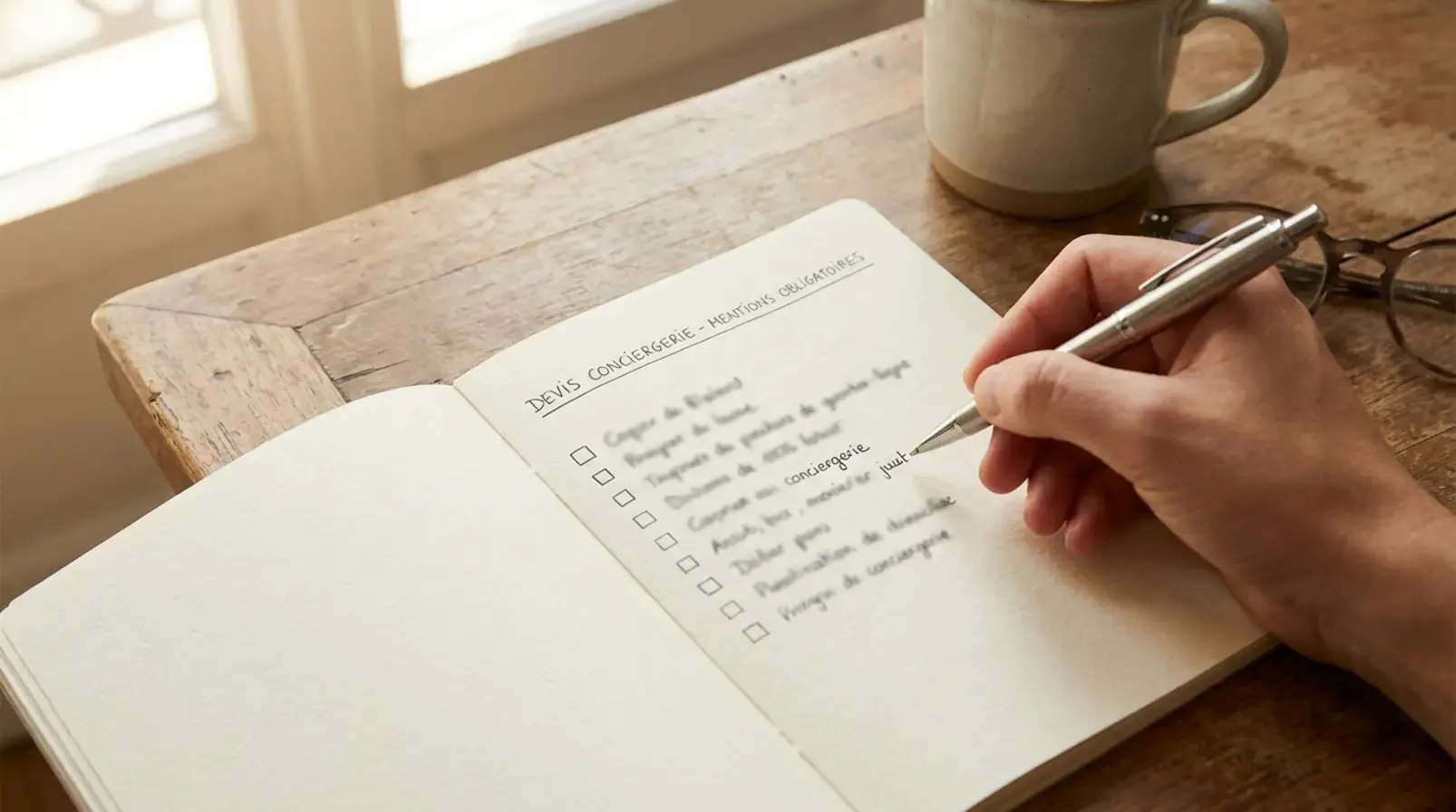 Checklist des mentions obligatoires d’un devis de conciergerie sur une feuille avec un stylo