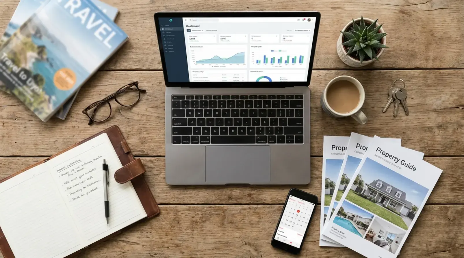 Flatlay d’outils opérationnels pour automatiser ménage, clés et messages en location courte durée