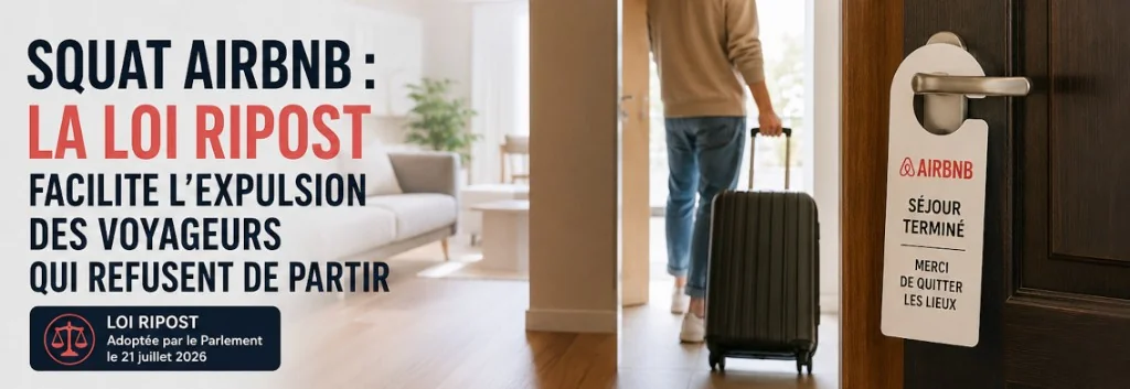 Voyageur quittant un logement Airbnb, avec la mention de la loi Ripost adoptée par le Parlement le 21 juillet 2026