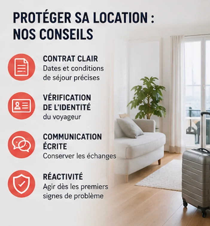 Quatre réflexes pour protéger sa location : contrat clair, vérification de l’identité du voyageur, communication écrite et réactivité