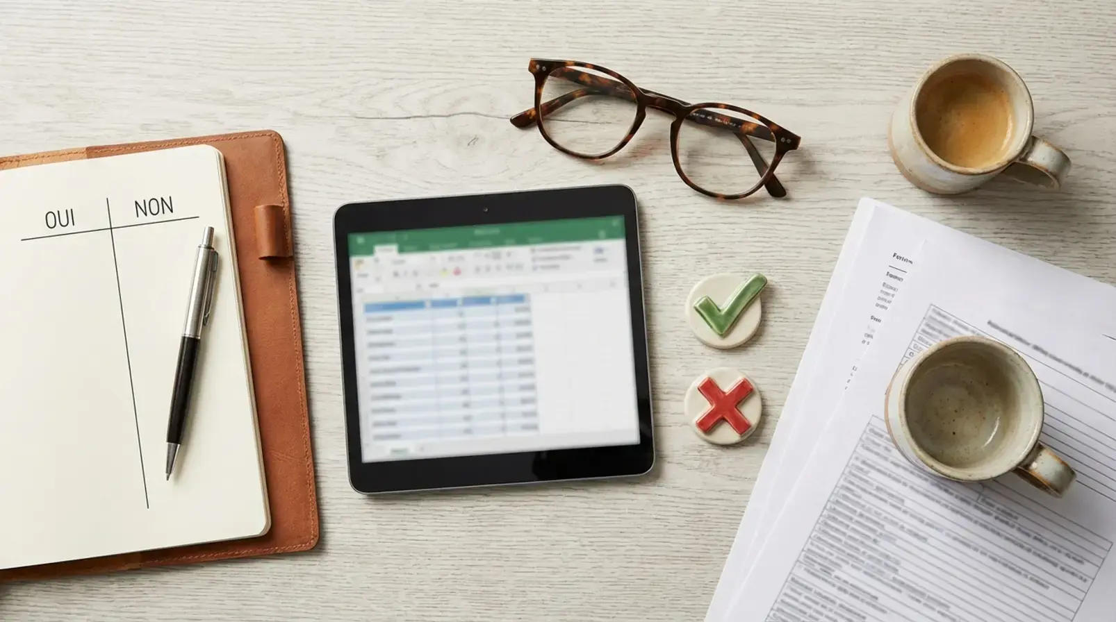 Checklist de réglementation et contrat de location posés sur un bureau