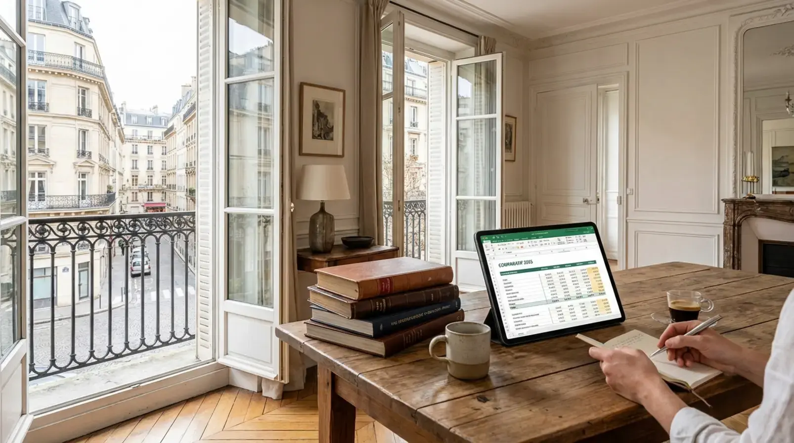 Tableau comparatif de conciergeries Airbnb à Paris sur un ordinateur, prise de notes sur carnet