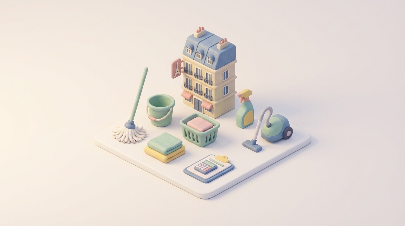 Kit de ménage pour Airbnb à Paris avec clés, gants, spray nettoyant et checklist de contrôle