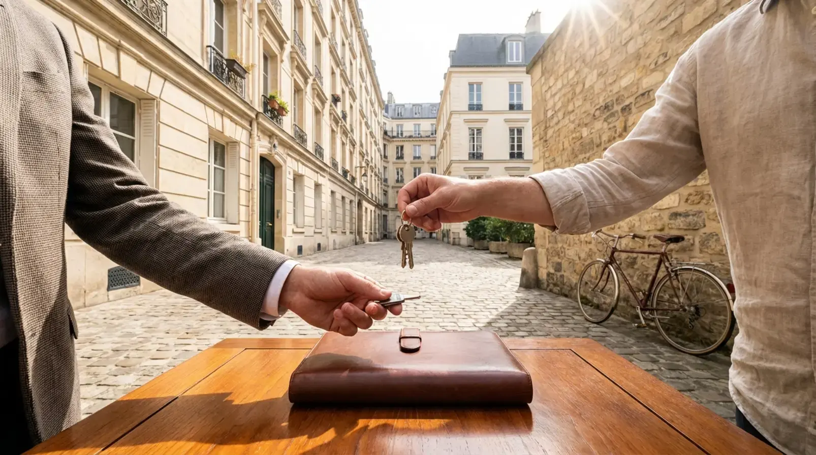 Entrée d’immeuble parisien avec digicode et interphone pour organisation de remise de clés